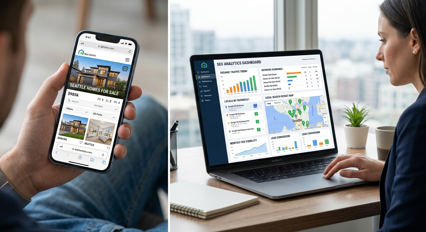 Real estate SEO search results on mobile and laptop