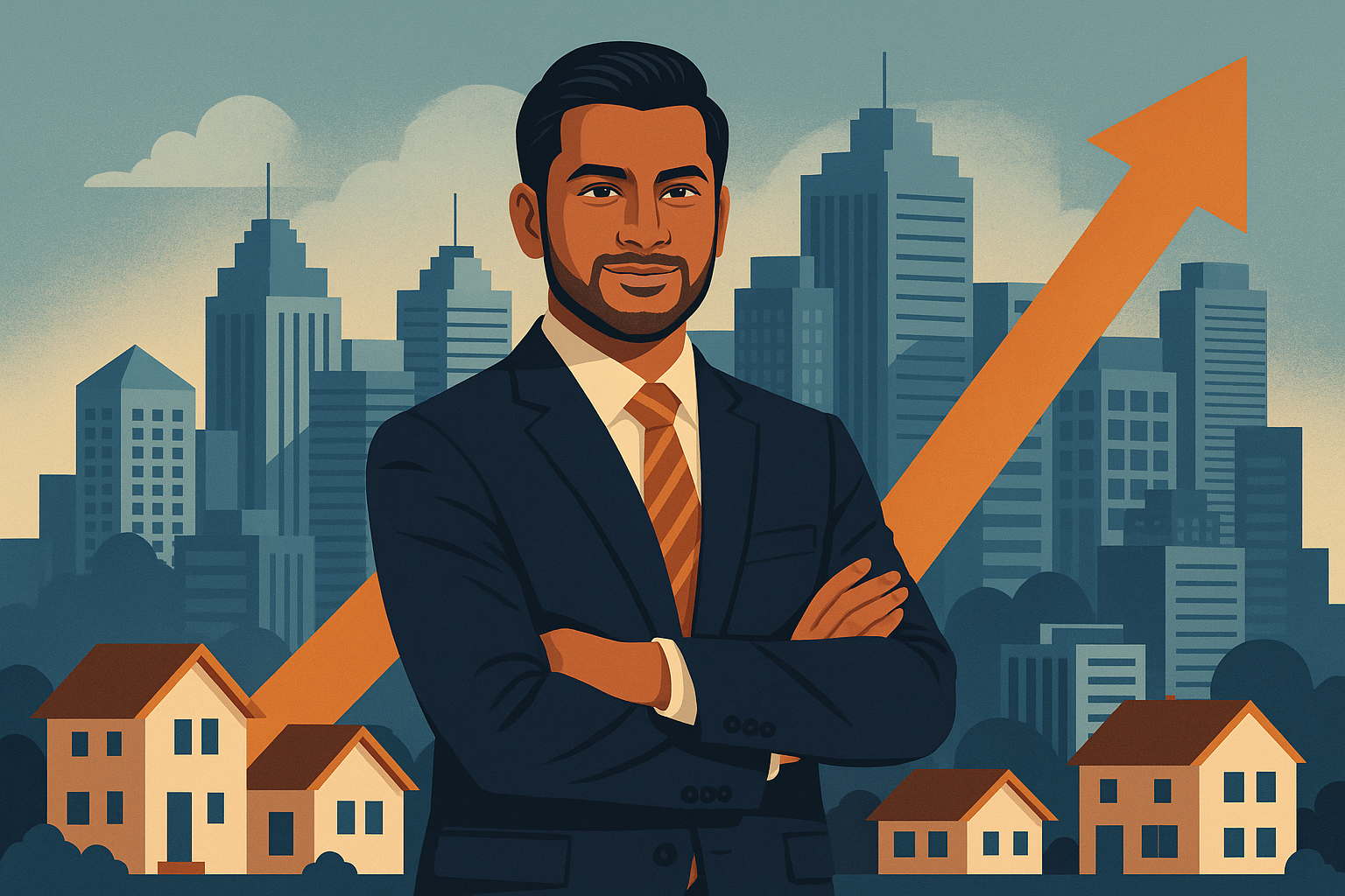 Real estate dealer in India with city skyline, residential and commercial buildings, and growth concept, featured image for 2026 income guide